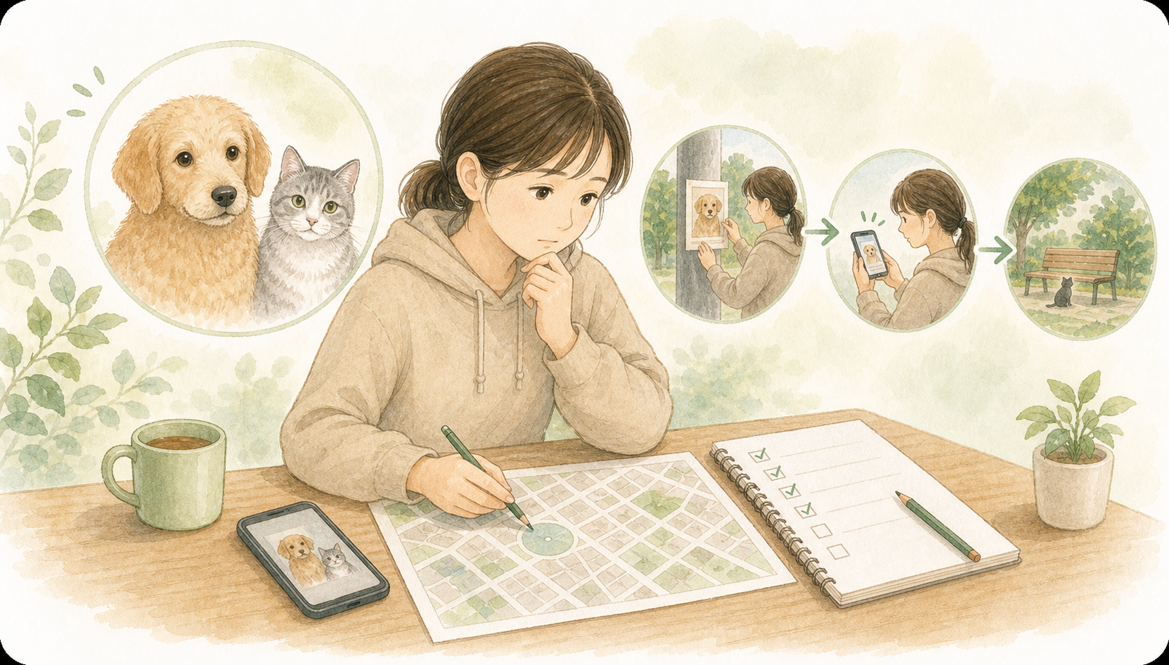 地図とチェックリストを見ながら迷子ペットの捜索を整理するイラスト