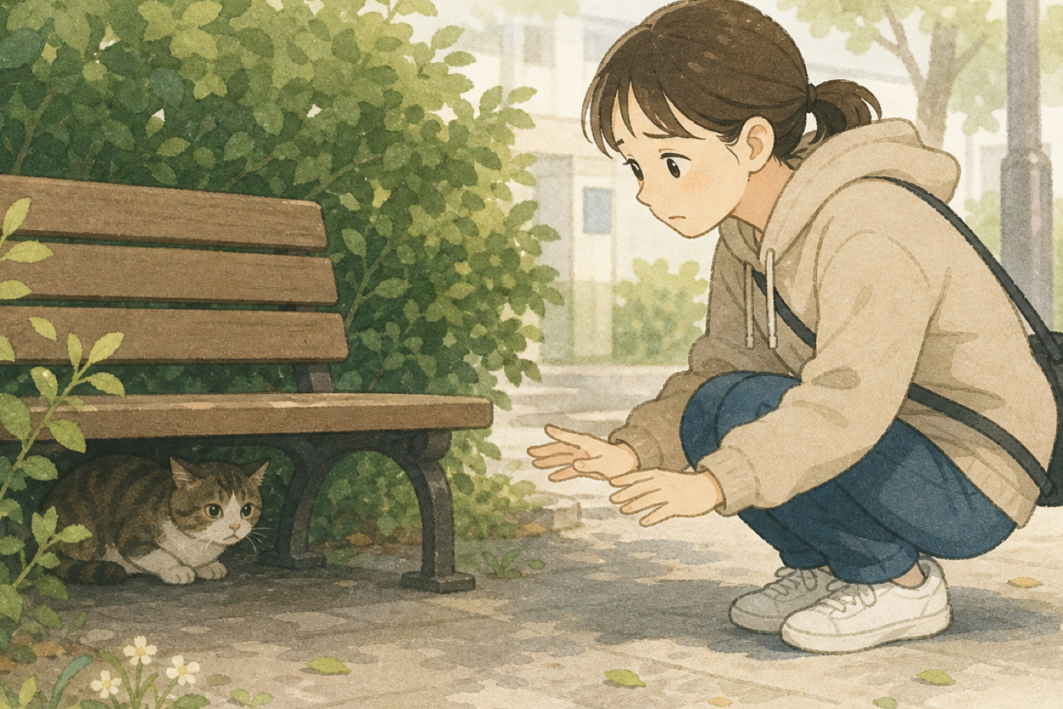 ベンチの下に隠れた猫に慎重に近づきながら、捕まえられるか心配している様子のイラスト