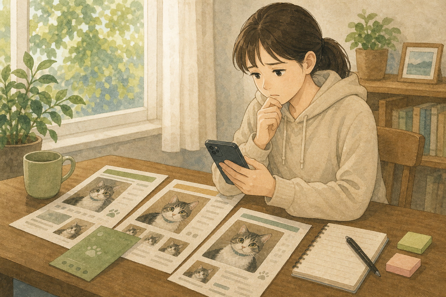 チラシやSNS投稿を見比べながら、逆効果になっていないか不安になっている様子のイラスト
