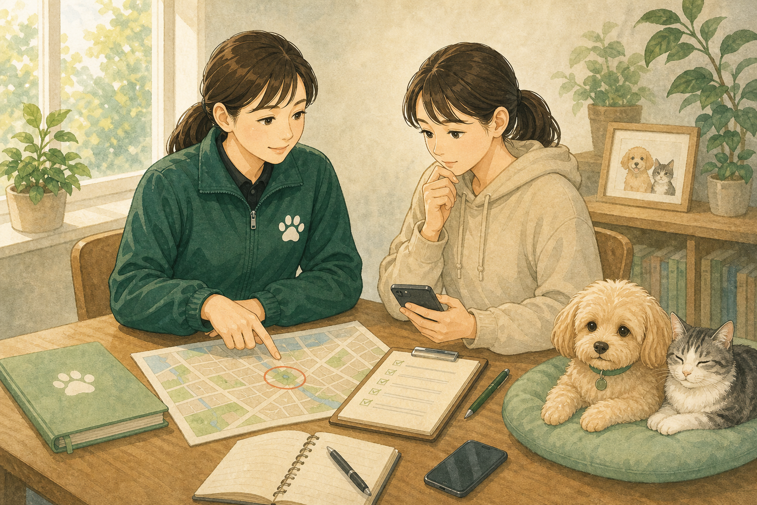 相談員と飼い主が地図やチェックリストを見ながら、正しい進め方を落ち着いて整理しているイラスト