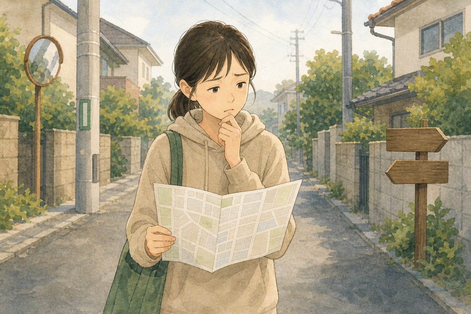 住宅街で地図を見ながら、どこを探せばいいか悩んでいる様子のイラスト
